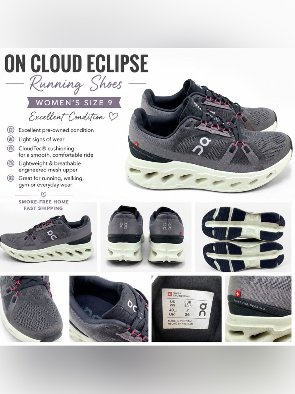 On Running Cloud Eclipse Women's Running Shoes — GrayBlack /White